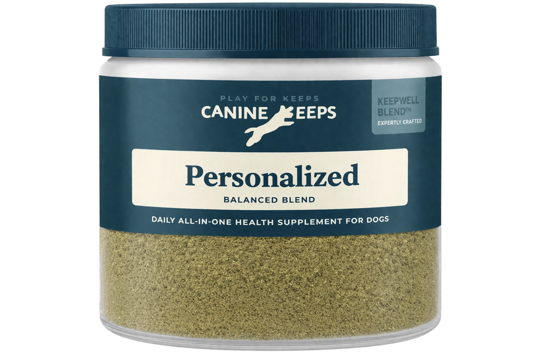 Canine Keeps Personalized Balanced Blend supplement jar on a white background