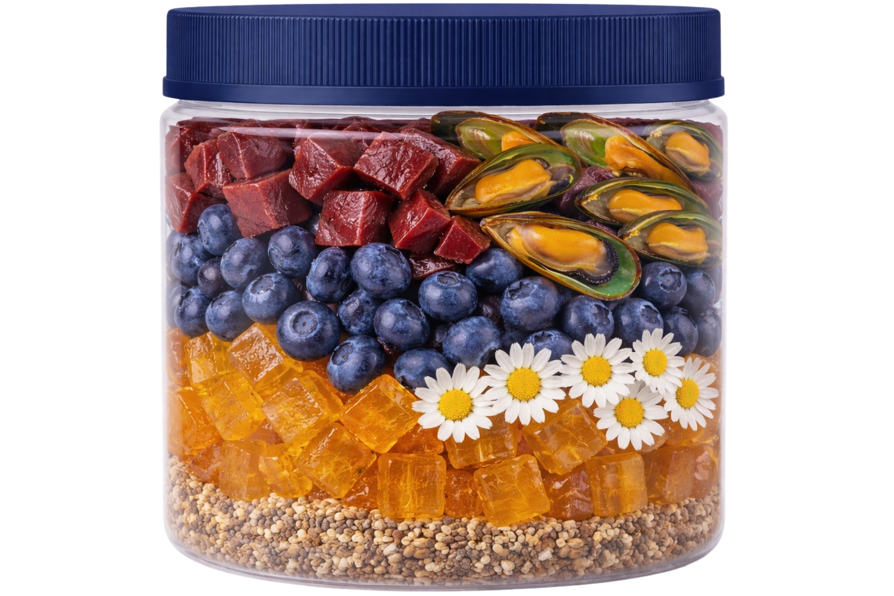 Jar filled with natural ingredients on a white background