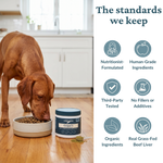 A brown dog eats from a bowl on a wooden floor next to a jar of Canine Keeps Balanced Blend. The right side of the image features a white panel with the text 'The standards we keep' and six teal icons describing product qualities like nutritionist-formulation, human-grade ingredients, third-party testing, and organic ingredients.