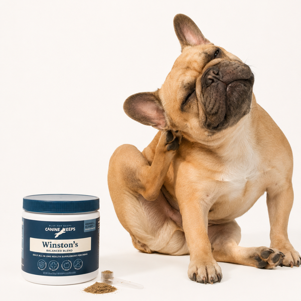 Dog scratching itself next to a container of Canine Keeps Balanced Blend supplement on a white background