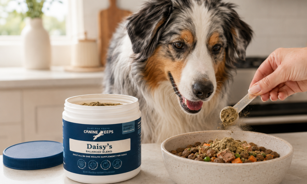 Dog eating from a bowl with a container of Canine Keeps in a kitchen setting